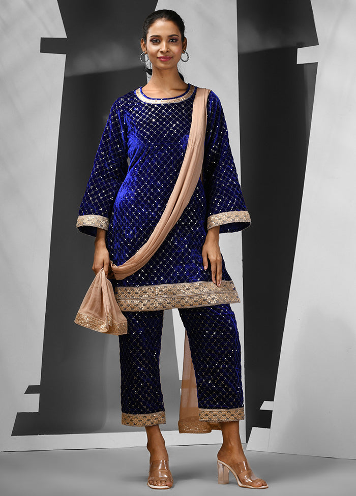 3 Pc Blue Readymade Velvet Suit Set - Indian Silk House Agencies