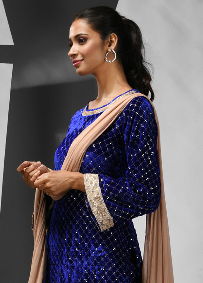 3 Pc Blue Readymade Velvet Suit Set - Indian Silk House Agencies