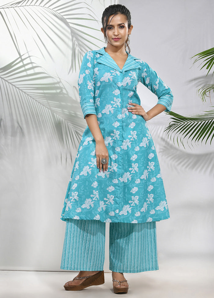 2 Pc Sky Blue Readymade Cotton Kurti Set - Indian Silk House Agencies