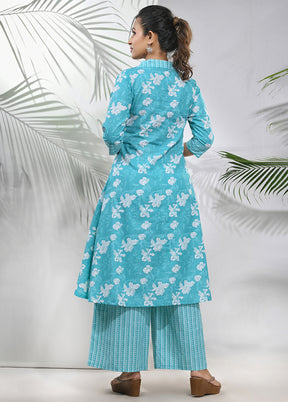 2 Pc Sky Blue Readymade Cotton Kurti Set - Indian Silk House Agencies