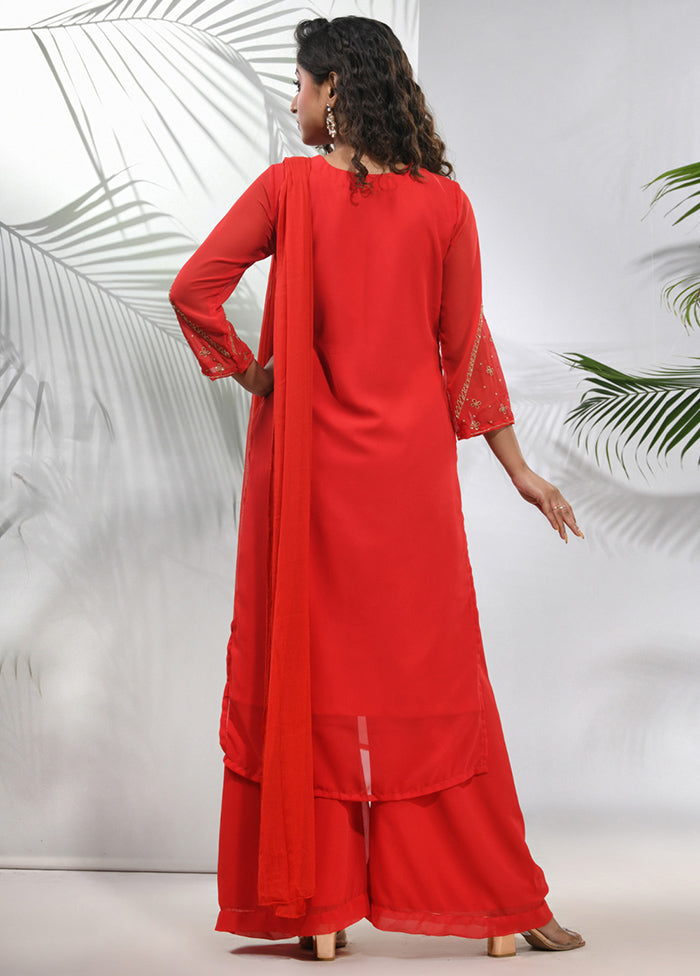 3 Pc Red Readymade Georgette Suit Set - Indian Silk House Agencies