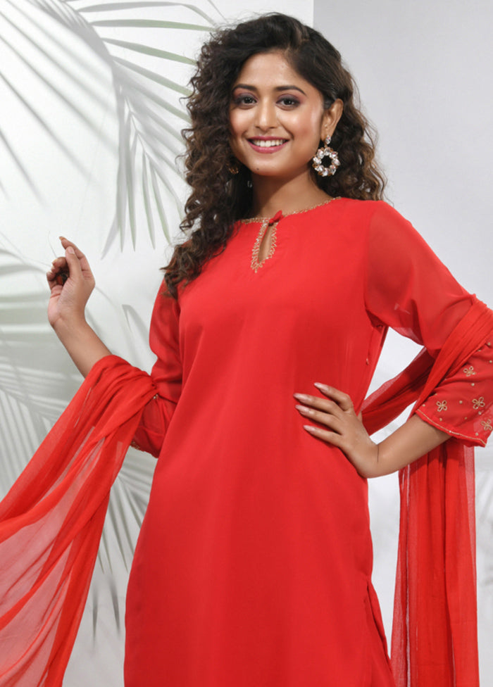 3 Pc Red Readymade Georgette Suit Set