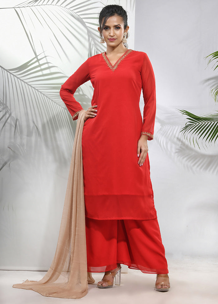 3 Pc Red Readymade Georgette Suit Set