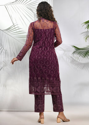 3 Pc Purple Readymade Georgette Net Jacket Suit Set - Indian Silk House Agencies