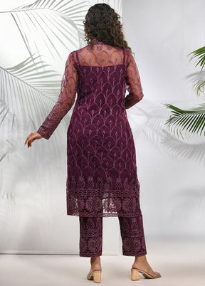 3 Pc Purple Readymade Georgette Net Jacket Suit Set