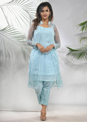 3 Pc Sea Green Readymade Georgette Net Jacket Suit Set - Indian Silk House Agencies