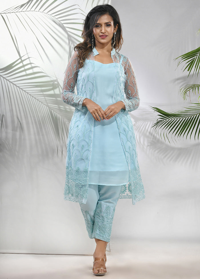 3 Pc Sea Green Readymade Georgette Net Jacket Suit Set