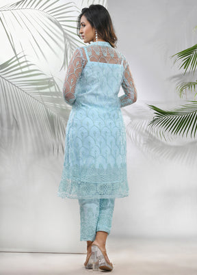 3 Pc Sea Green Readymade Georgette Net Jacket Suit Set