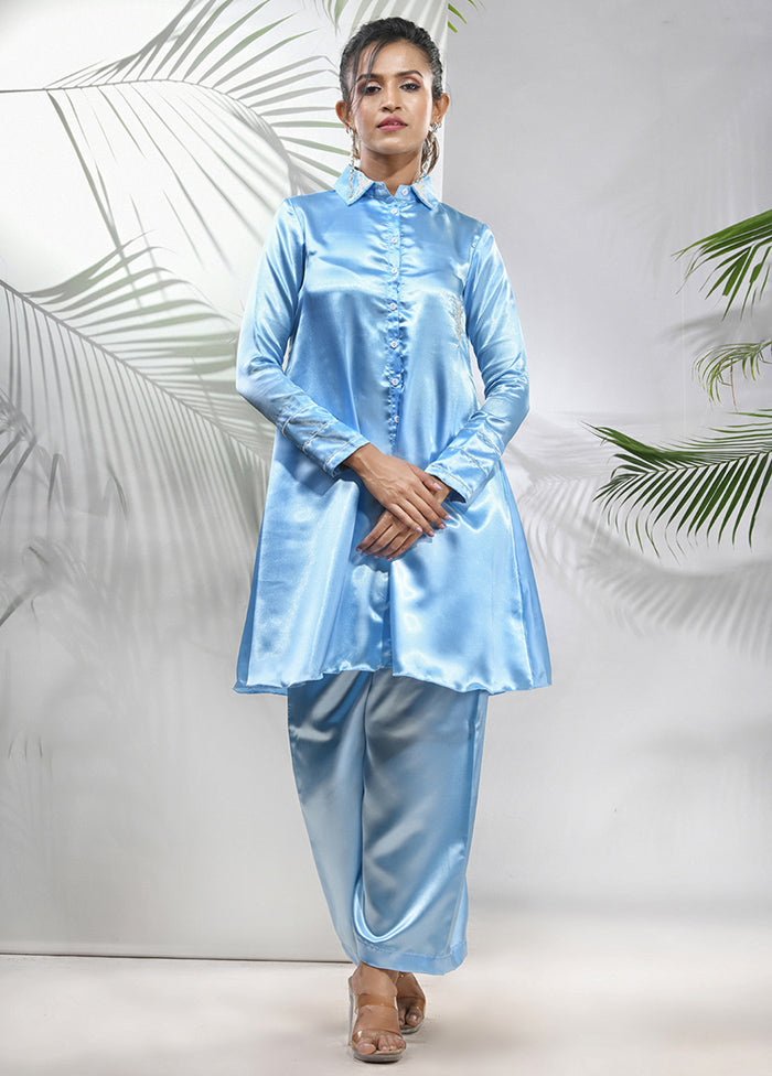 2 Pc Sky Blue Readymade Silk Coord Set - Indian Silk House Agencies