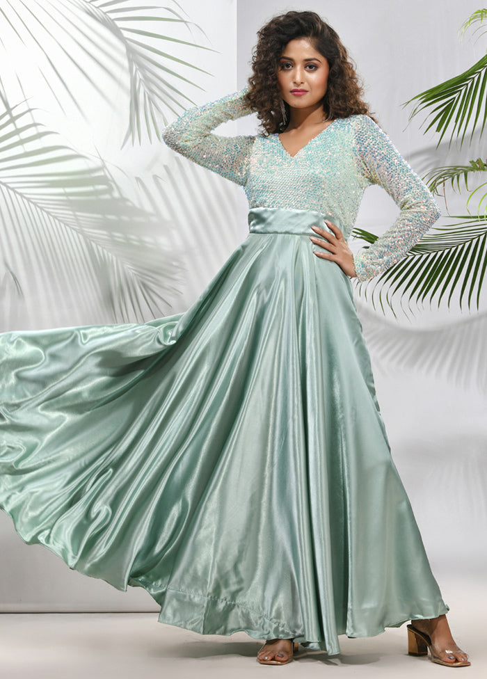 Sage Green Readymade Silk Indian Dress - Indian Silk House Agencies
