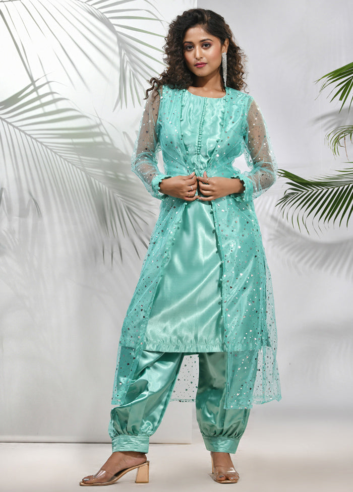 3 Pc Mint Green Readymade Silk Net Jacket Suit Set