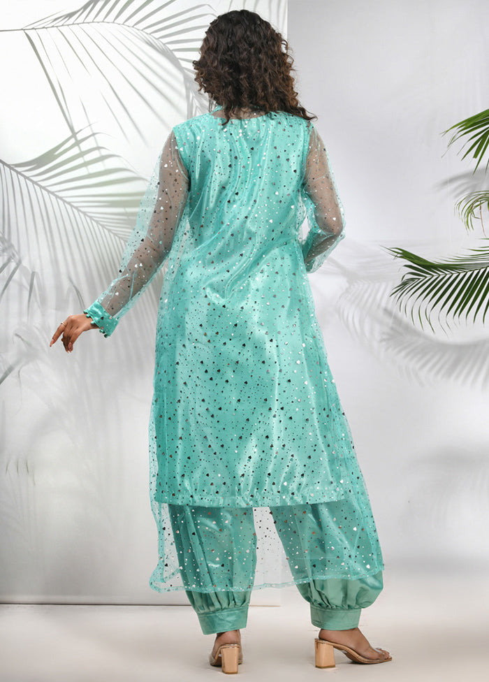 3 Pc Mint Green Readymade Silk Net Jacket Suit Set - Indian Silk House Agencies