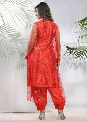 3 Pc Red Readymade Silk Net Jacket Suit Set - Indian Silk House Agencies