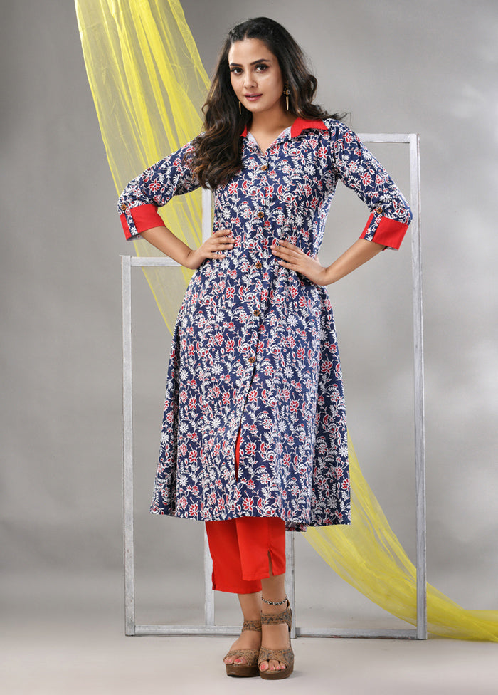 2 Pc Navy Blue Readymade Cotton Kurti Set