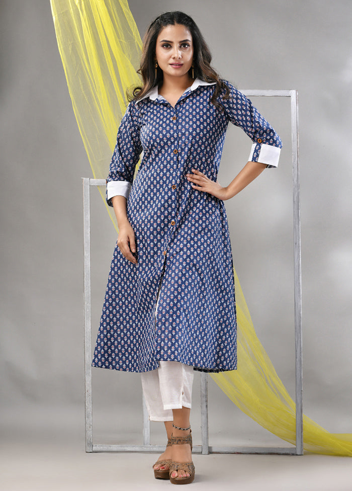 2 Pc Navy Blue Readymade Cotton Kurti Set