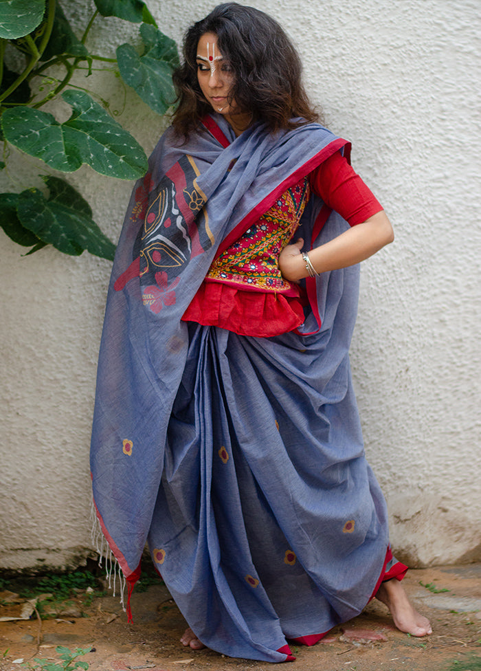 Greyish Blue Pure Cotton Silk Saree With Blouse Piece - Indian Silk House Agencies