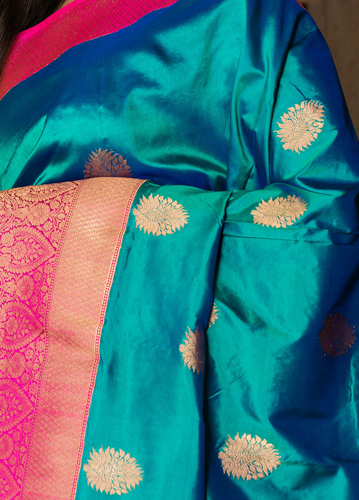 Teal Blue Katan Pure Silk Saree With Blouse Piece