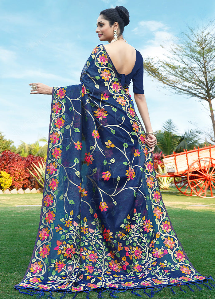 Navy Blue Silk Saree With Blouse Piece - Indian Silk House Agencies