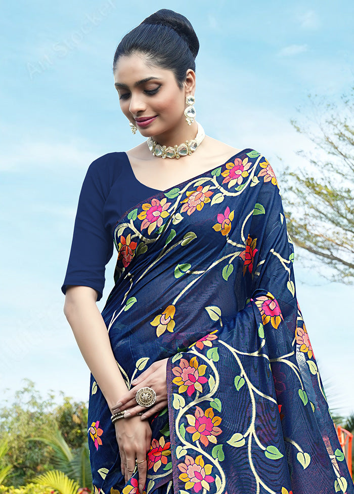 Navy Blue Silk Saree With Blouse Piece - Indian Silk House Agencies