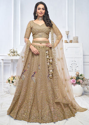 3 Pc Golden Net Semi Stitched Lehenga Set