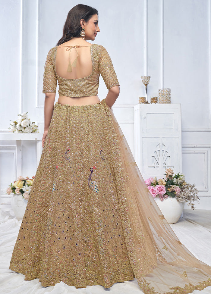 3 Pc Golden Net Semi Stitched Lehenga Set