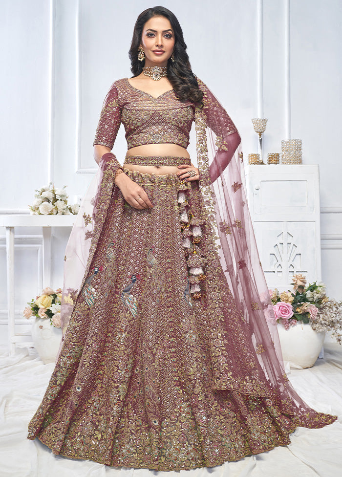 3 Pc Dark Purple Net Semi Stitched Lehenga Set