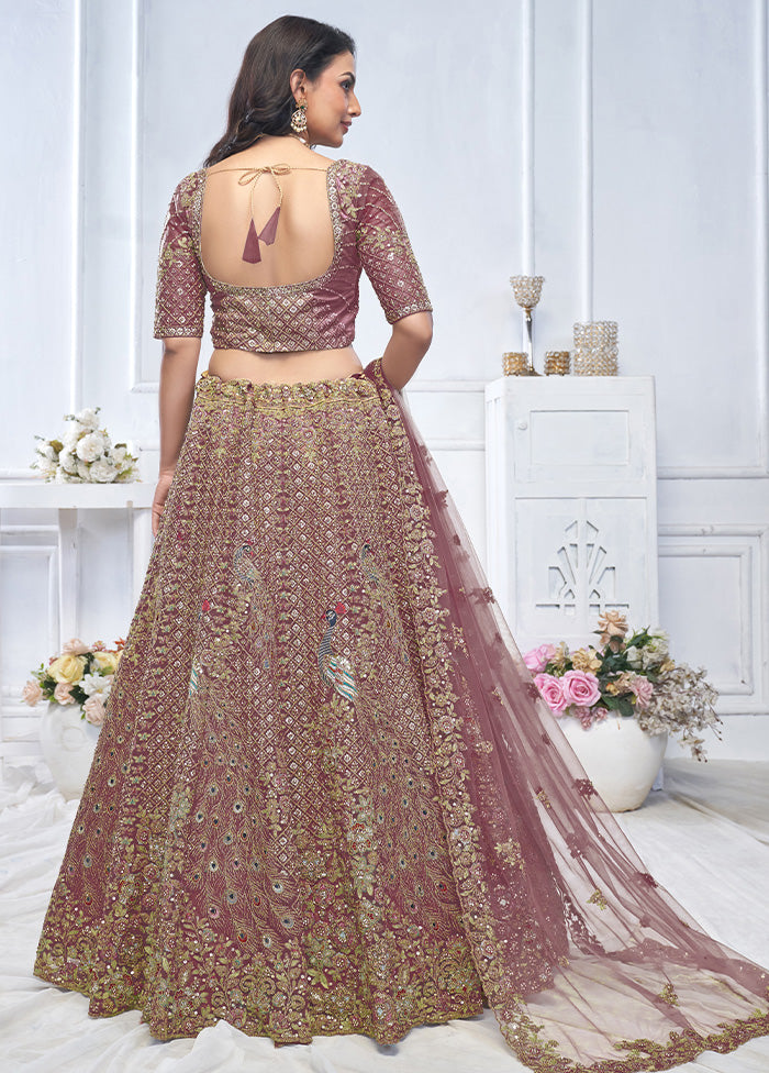 3 Pc Dark Purple Net Semi Stitched Lehenga Set