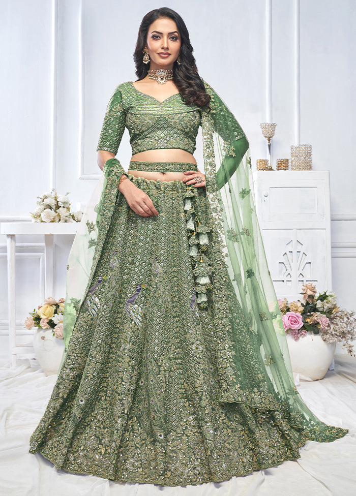 3 Pc Green Net Semi Stitched Lehenga Set