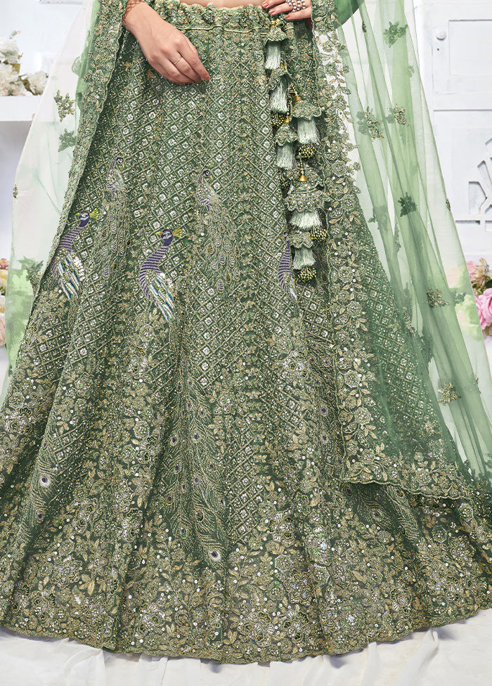 3 Pc Green Net Semi Stitched Lehenga Set