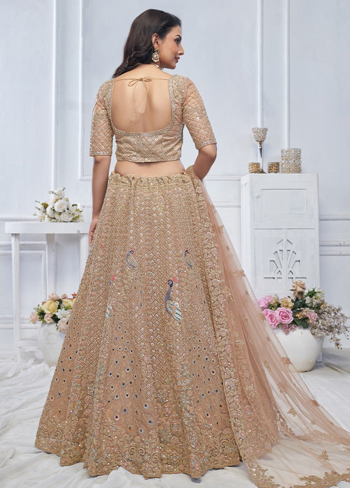 3 Pc Golden Net Semi Stitched Lehenga Set