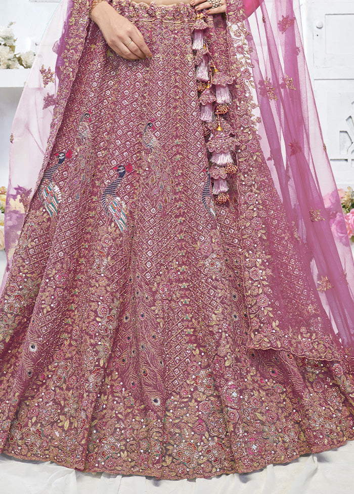 3 Pc Purple Net Semi Stitched Lehenga Set