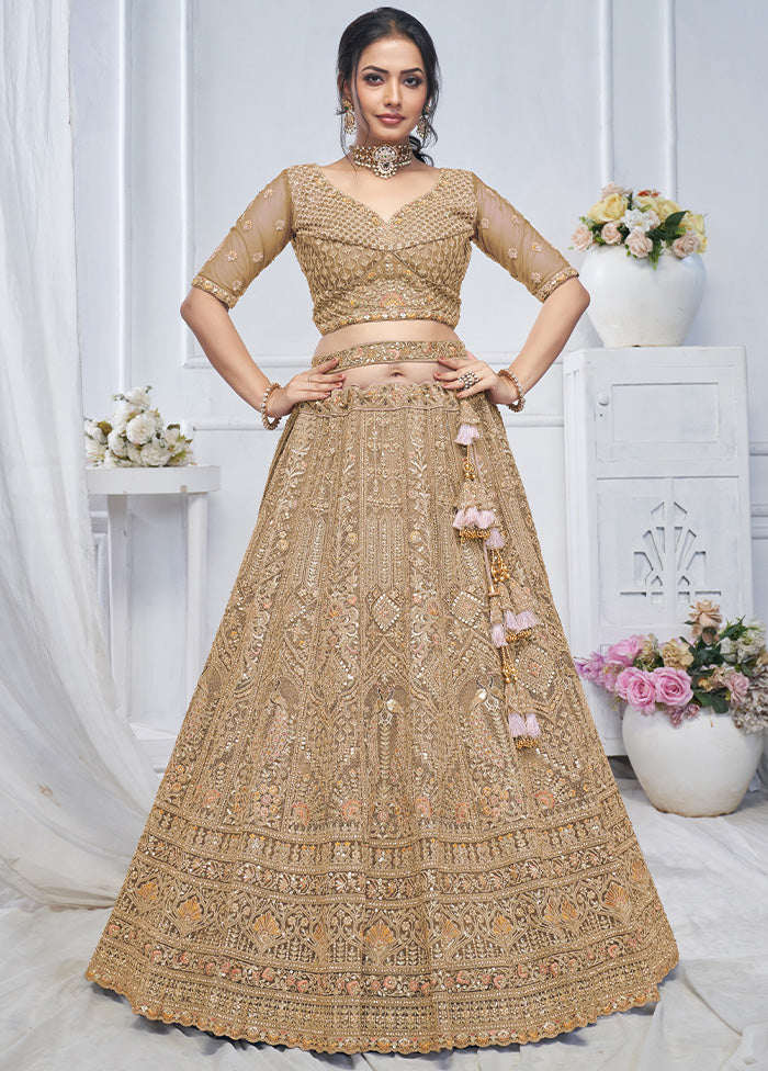 3 Pc Golden Net Semi Stitched Lehenga Set