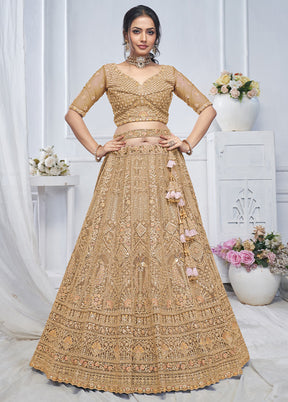 3 Pc Golden Net Semi Stitched Lehenga Set