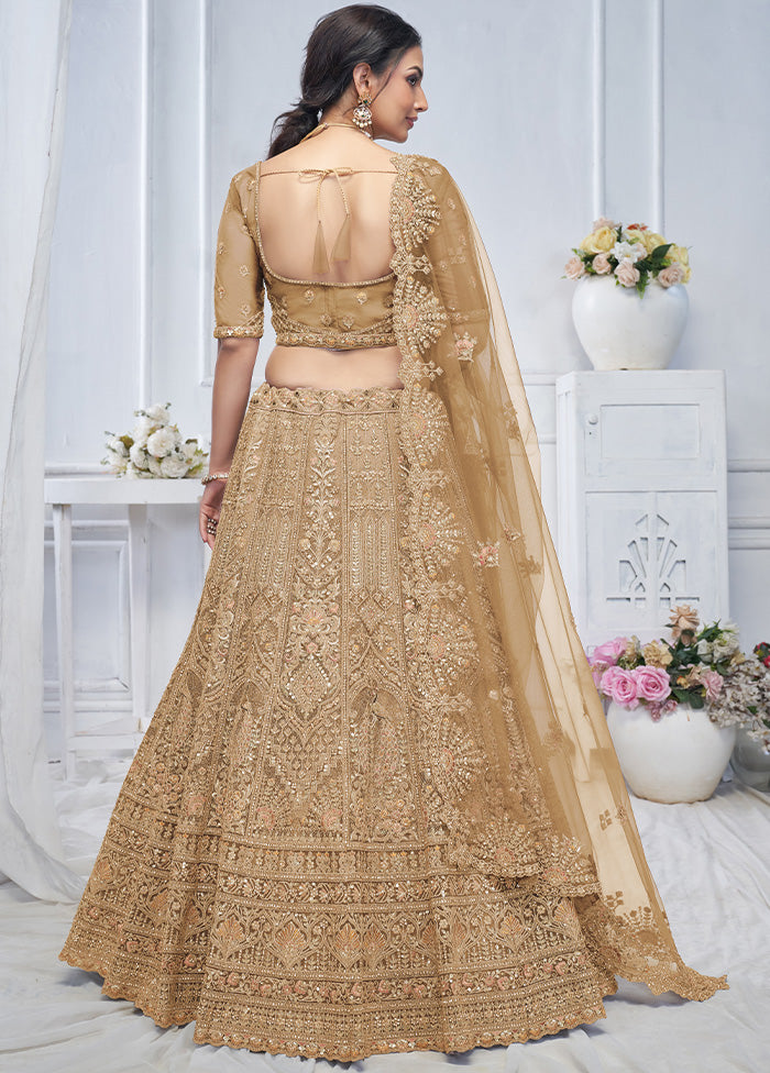 3 Pc Golden Net Semi Stitched Lehenga Set