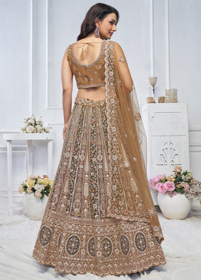 3 Pc Brown Net Semi Stitched Lehenga Set