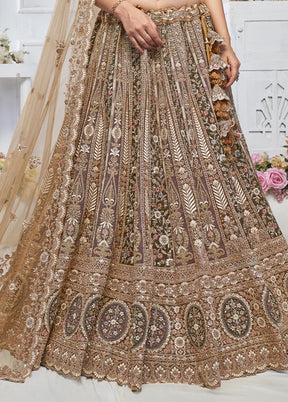 3 Pc Brown Net Semi Stitched Lehenga Set