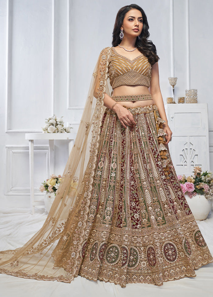 3 Pc Mustard Net Semi Stitched Lehenga Set