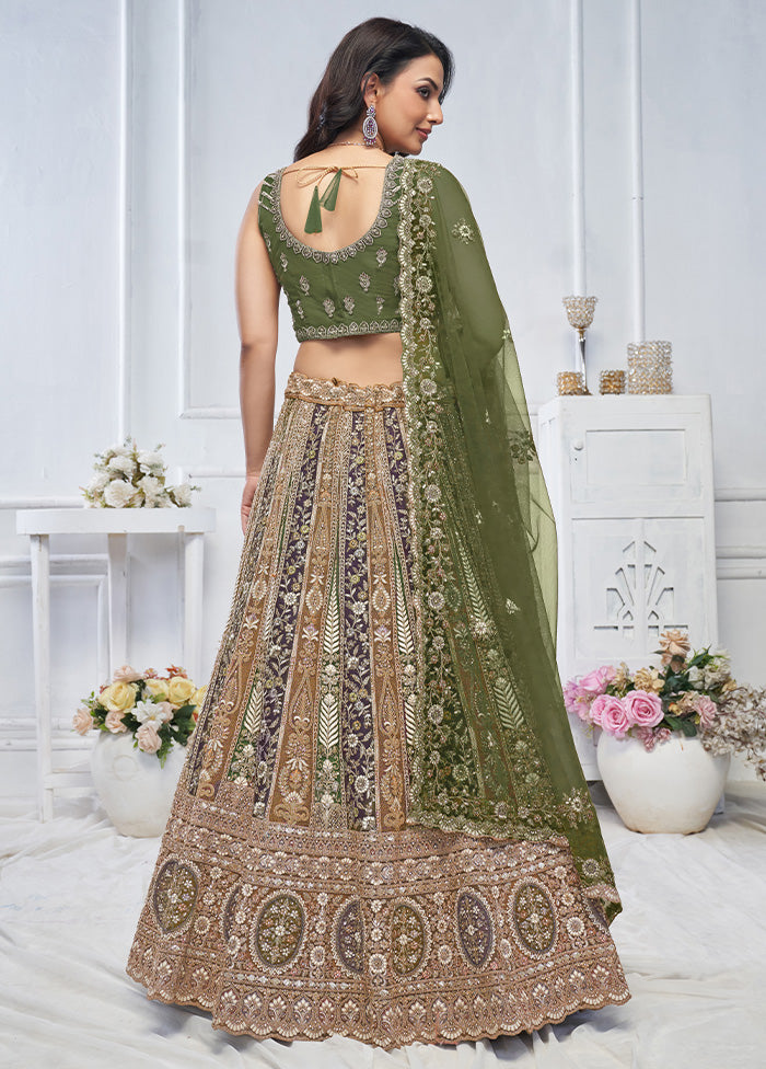 3 Pc Green Net Semi Stitched Lehenga Set