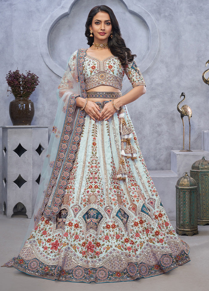 3 Pc Sky Blue Silk Semi Stitched Lehenga Set