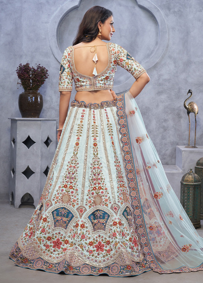 3 Pc Sky Blue Silk Semi Stitched Lehenga Set