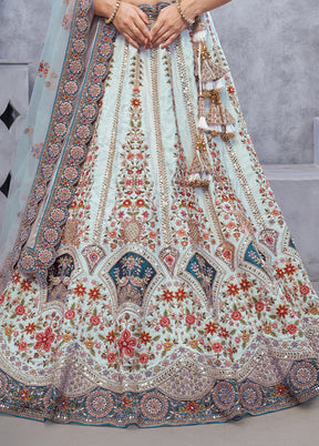 3 Pc Sky Blue Silk Semi Stitched Lehenga Set