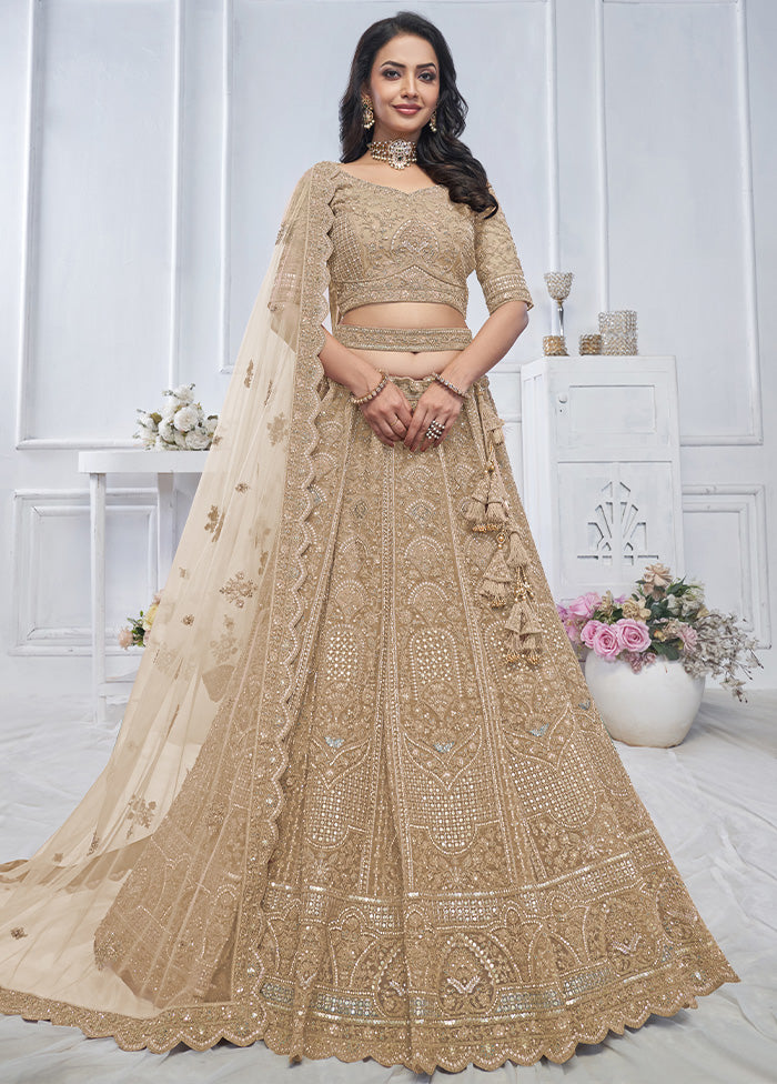 3 Pc Golden Net Semi Stitched Lehenga Set