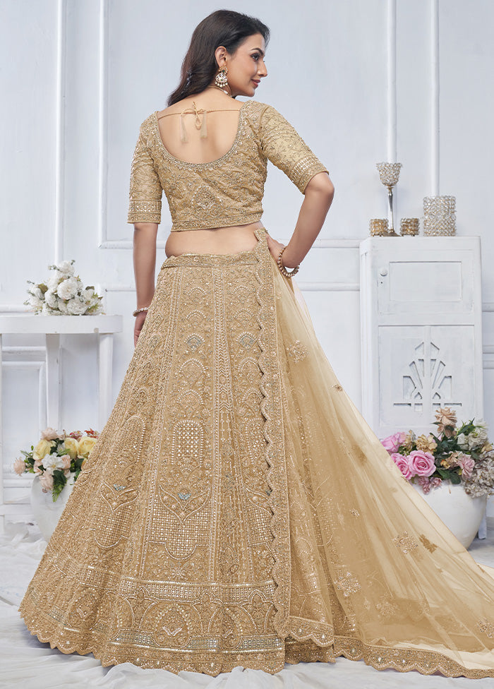 3 Pc Golden Net Semi Stitched Lehenga Set