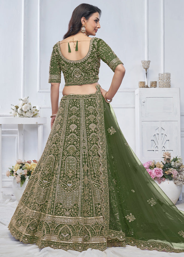 3 Pc Green Net Semi Stitched Lehenga Set