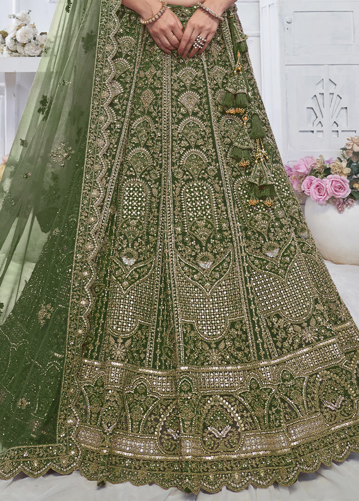 3 Pc Green Net Semi Stitched Lehenga Set