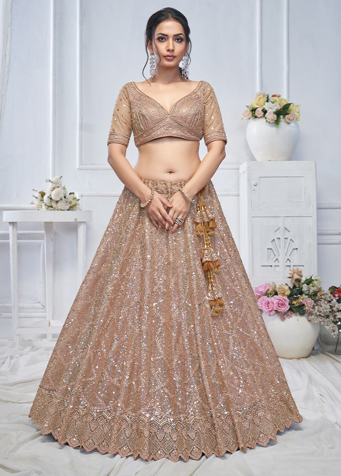 3 Pc Brown Net Semi Stitched Lehenga Set