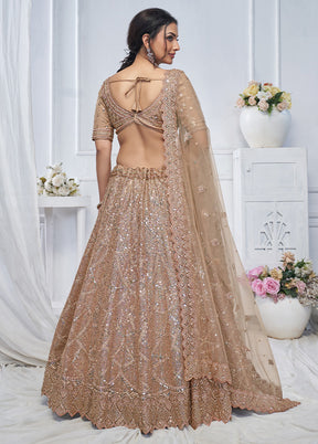 3 Pc Brown Net Semi Stitched Lehenga Set