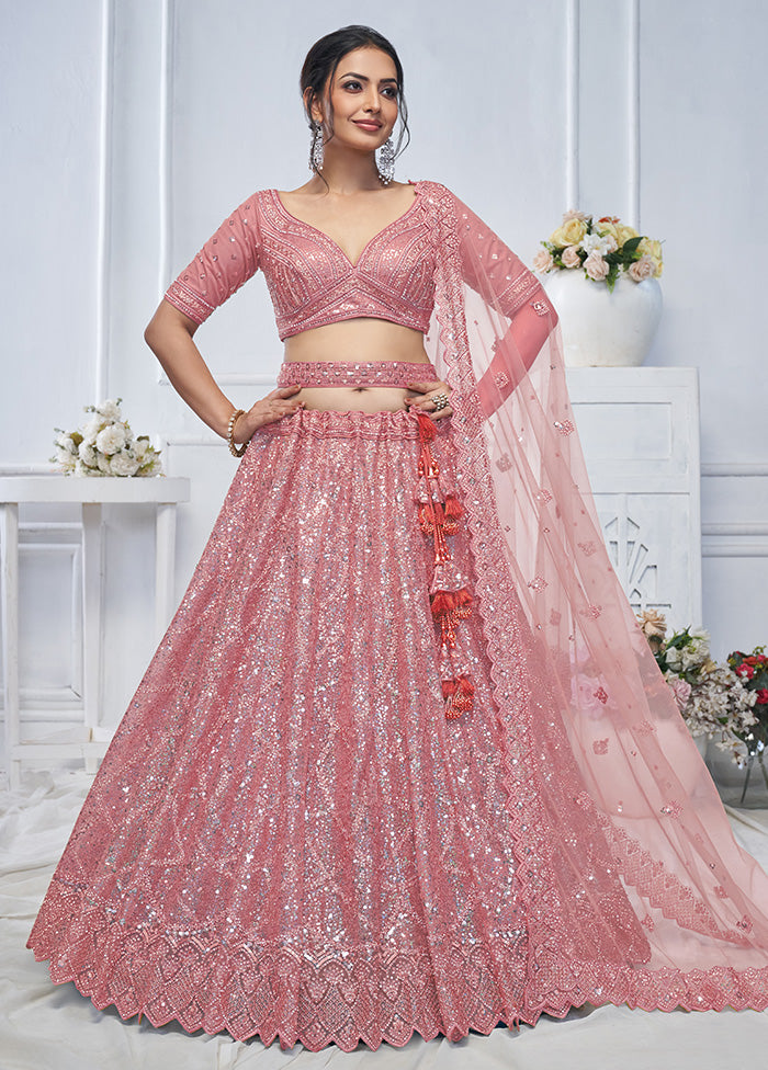 3 Pc Pink Net Semi Stitched Lehenga Set