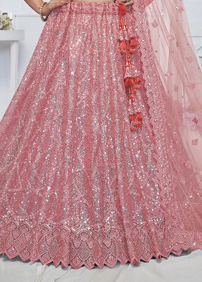 3 Pc Pink Net Semi Stitched Lehenga Set