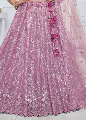 3 Pc Purple Net Semi Stitched Lehenga Set